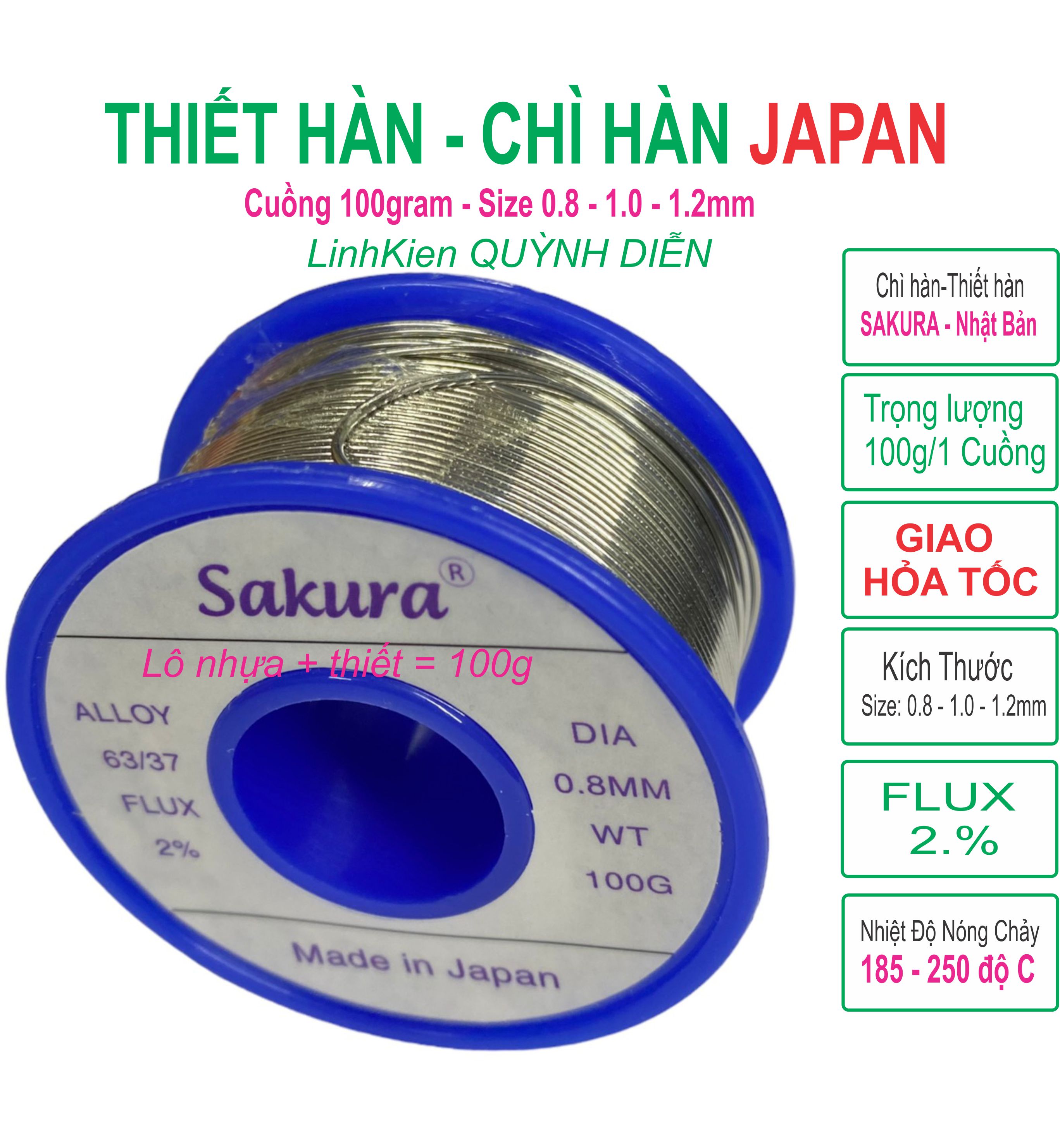 Chì hàn Thiết hàn Nhật Bản SAKURA Cuộn 100gr 63/37 FLUX 2% - Linh kiện điện tử QUỲNH DIỄN