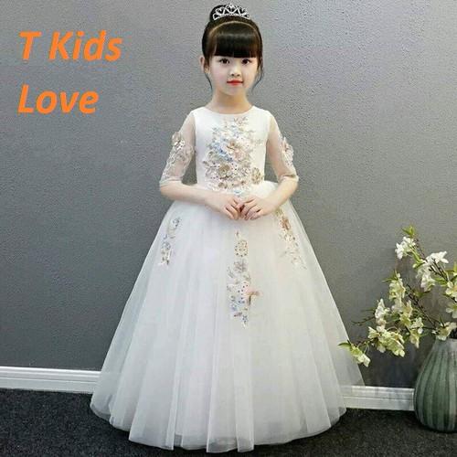Đầm bé gái cao cấp cho bé gái từ 3 tuổi đến 12 tuổi và từ 9kg đến 40kg - Trắng dài tinh khôi