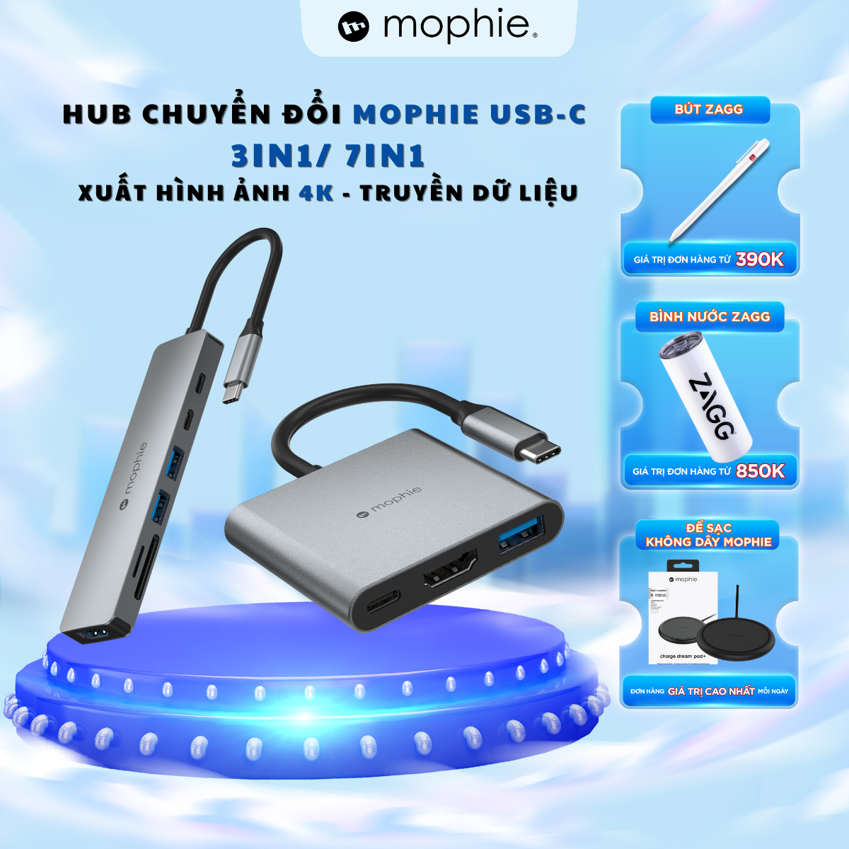 Hub chuyển đổi usb-c mophie 3in1/7in1, sạc nhiều cổng usb-c + usb-a + hdmi tốc độ cao - hàng chính hãng - bảo hành 2 năm 1 đổi 1