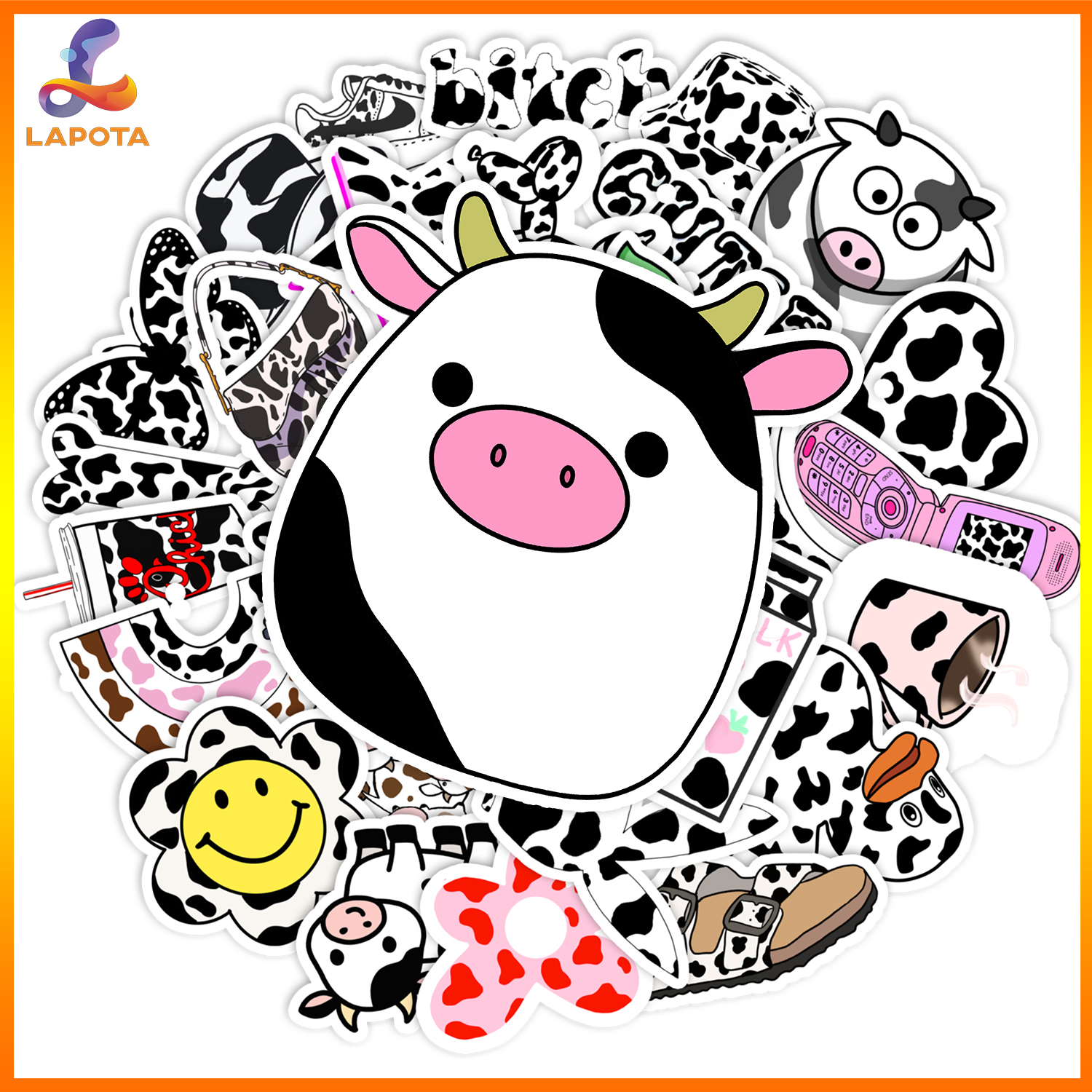 Set 52 cái sticker bò sữa dán mũ bảo hiểm, sticker bò sữa dán xe, sticker bò sữa trang trí, hình dán bò sữa
