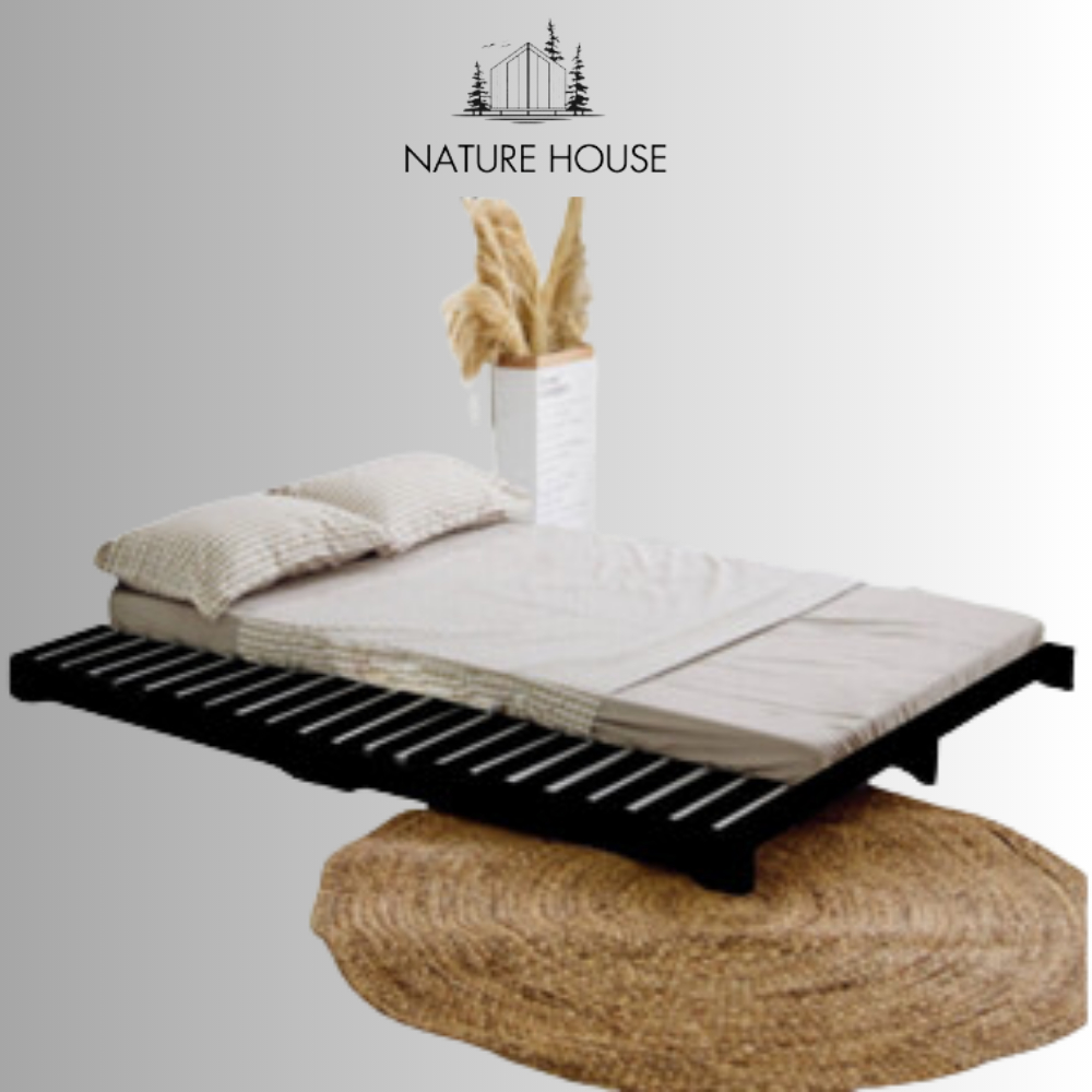 Giường ngủ pallet gỗ thông màu đen gấp gọn chân cao kích thước 1m2-1m4-1m6-1m8-2m