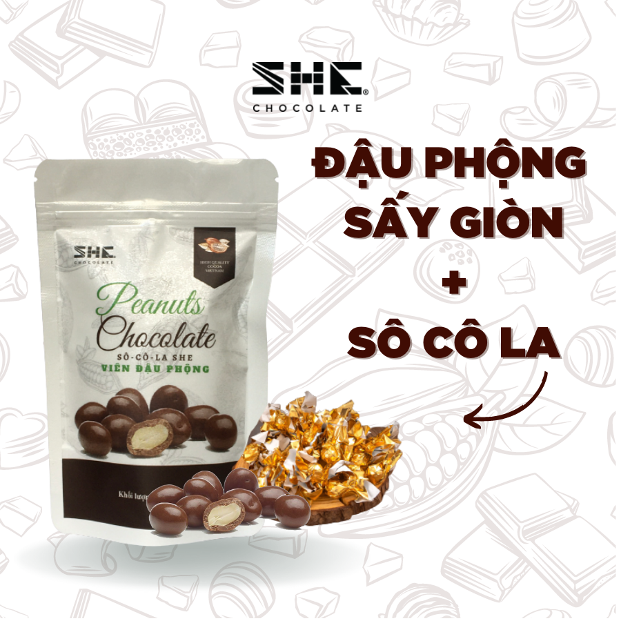 Socola viên Đậu phộng - Túi 50Gr - SHE Chocolate - Đậu phộng giòn tan kết hợp với Socola đen đem lại vị giác thơm ngon, ăn là ghiền. Thích hợp ăn vặt văn phòng