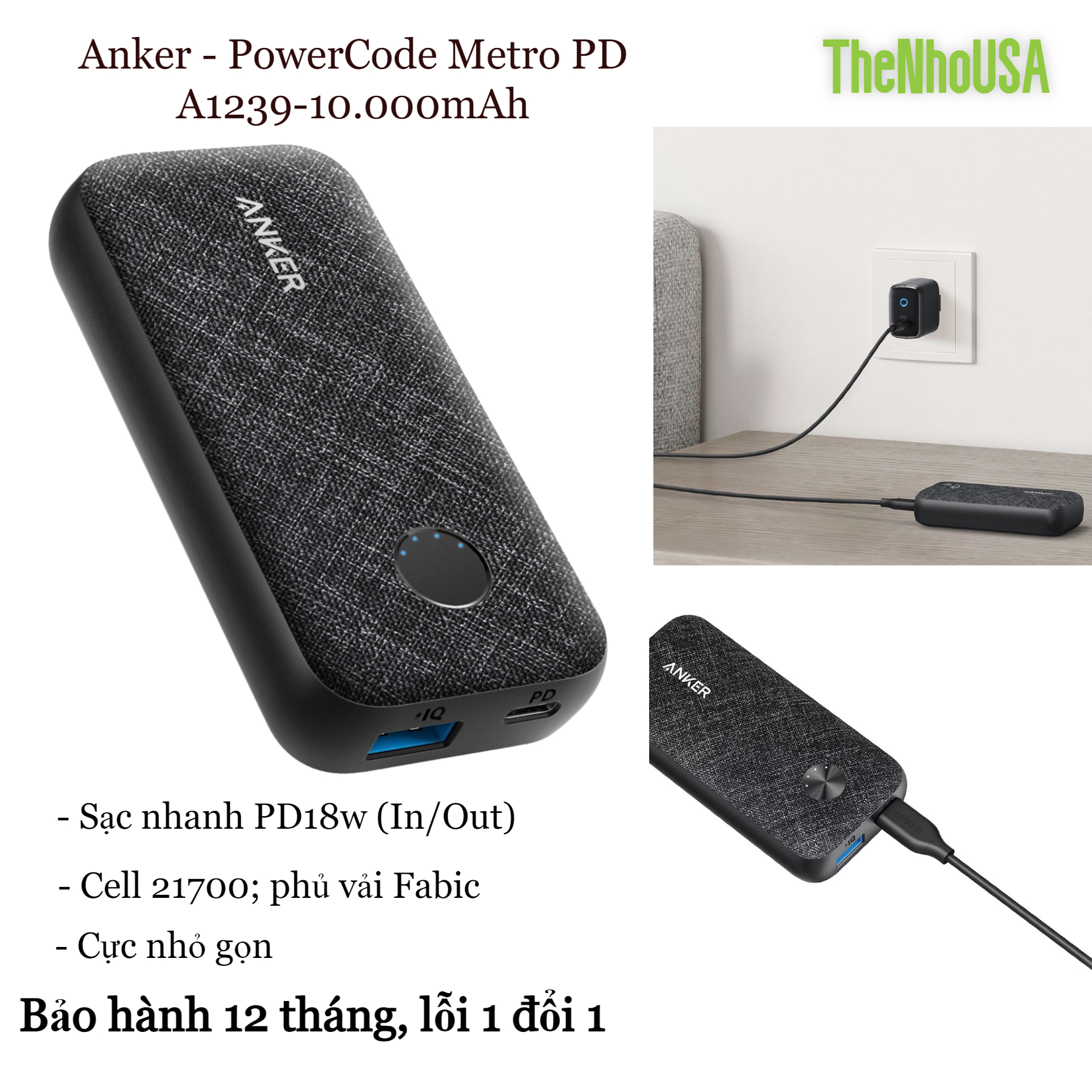 Sạc dự phòng Anker PowerCode Metro 10000PD - 18w (PD3.0) - A1239 - [BH 12T]