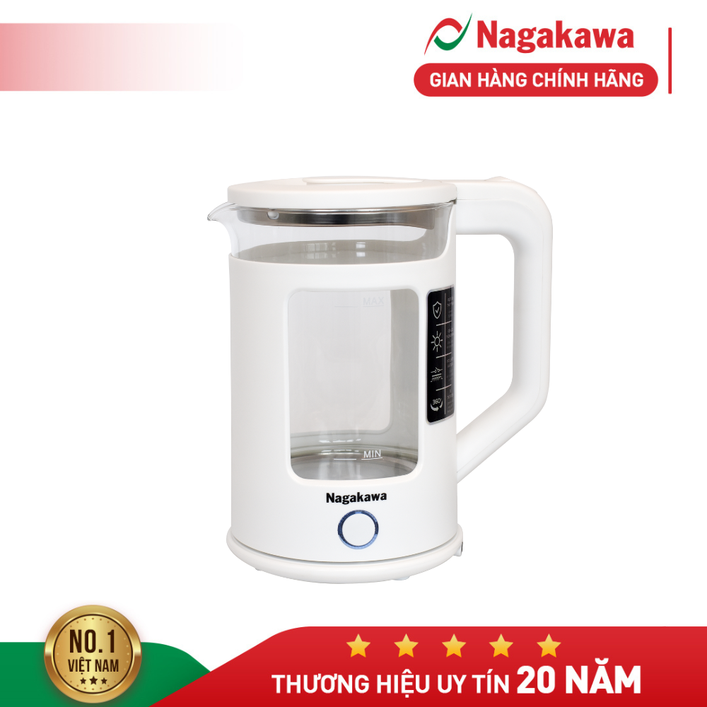 Ấm siêu tốc thủy tinh Nagakawa NAG0318, dung tích 1.7L, công suất 1355W, bảo hành 12 tháng
