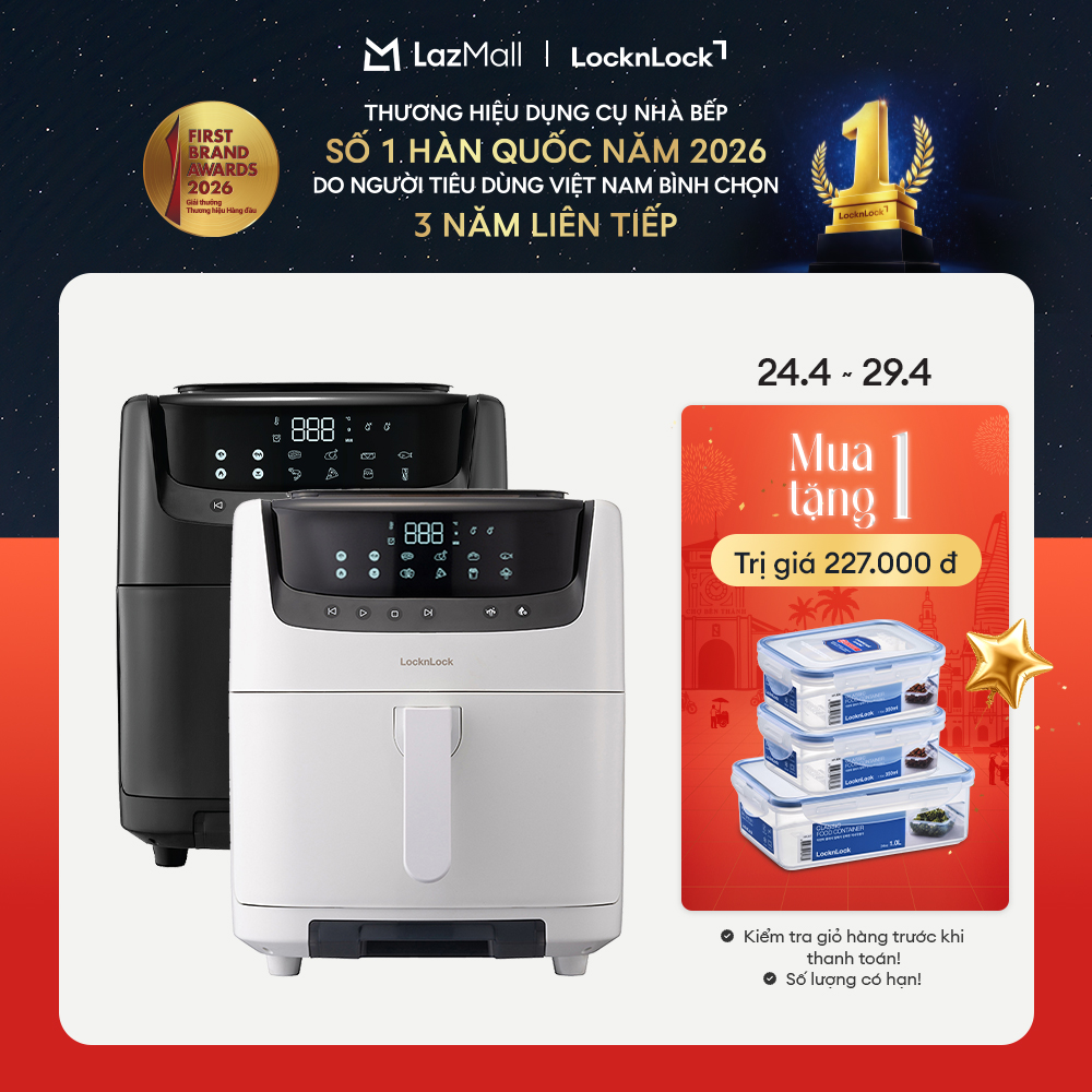 Trả góp 0% - Nồi chiên không dầu kèm hấp 2in1 LockLock 7L EJF881 - Màu Đen/Trắng - 8 chế độ nấu, Làm sạch hơi nước, Bảo hành 2 năm