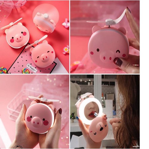 [HCM](SALE 50%) Quạt Mini  Quạt cầm tay 3in1 Gương - Đèn - Quạt / Quạt heo có gương cực xinh