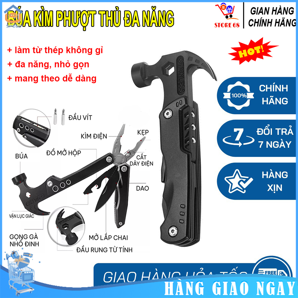 SPBúa kìm đa năng 6 Trong 1, búa đa năng gấp gọn cao cấp 14 chức năng, búa thoát hiểm, búa đa năng mini làm bằng thép không gỉ, kìm búa đa năng vỏ bọc ni lông inox, bộ dụng cụ sửa chữa tiện lợi, đi dã ngoại