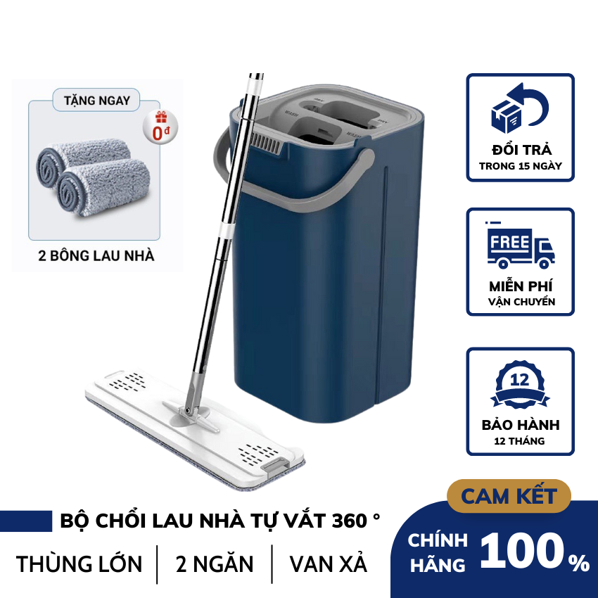 Bộ chổi lau sàn nhà thông minh cao cấp, kèm thùng tự vắt 2 ngăn đa năng, chổi lau nhà thông minh tự vắt 360 độ , chính hãng, cao cấp - tặng kèm 2 miếng lau siêu sạch thùng to
