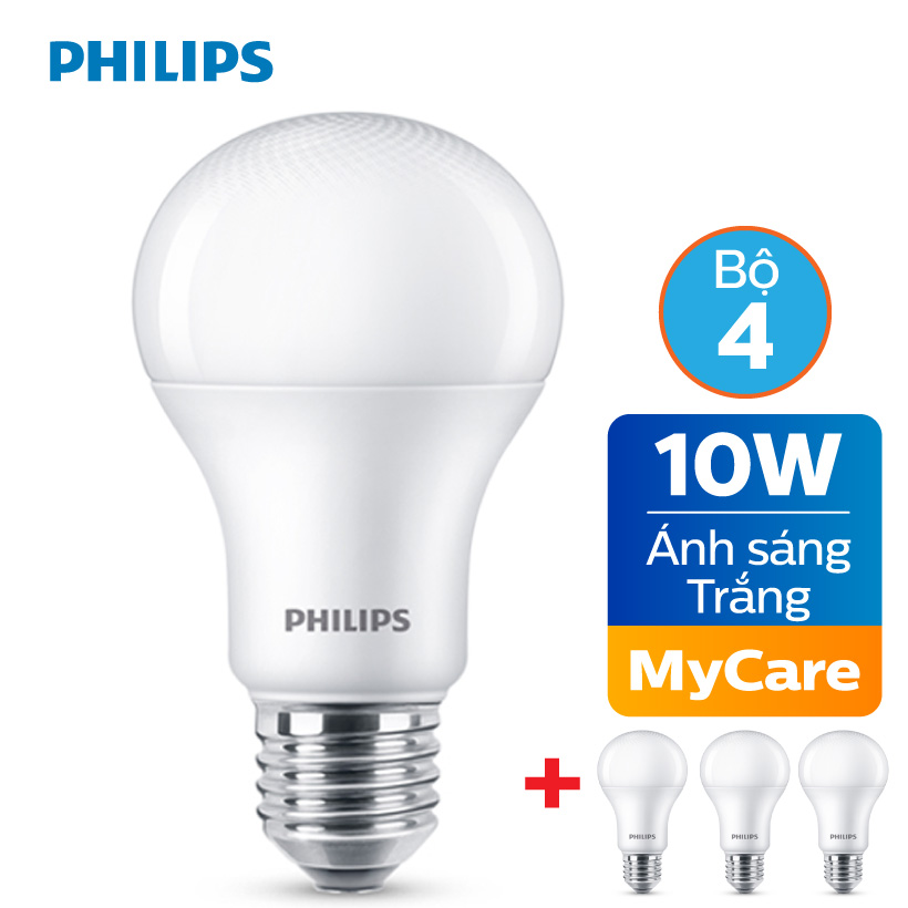 Bộ 4 bóng đèn led philips mycare 10w 6500k e27 a60 - ánh sáng trắng