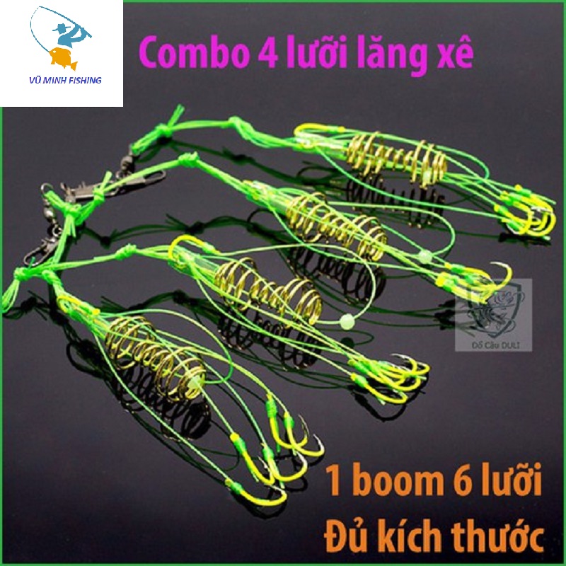 Hộp 4 lưỡi câu cá lưỡi lăng xê (lancer) xanh chất lượng đủ kích thước  làm từ thép không gỉ sét được phủ sơn màu xanh lá mạ dây PE chắc chắ