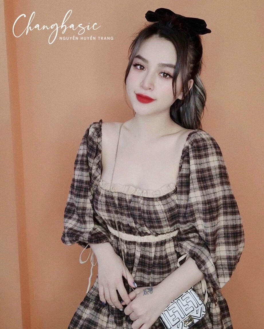 [HCM]Đầm babydoll caro cổ vuông tay phồng #dambabydoll