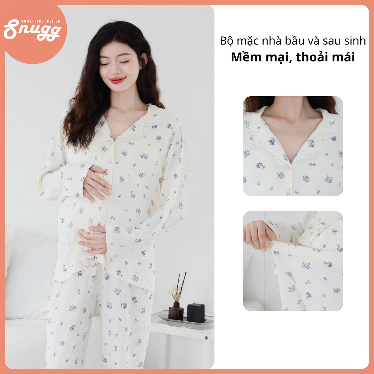 Bộ mặc nhà bầu và sau sinh dài tay họa tiết hoa tím, chất liệu cotton mềm mại, thoái mái - SNU2236