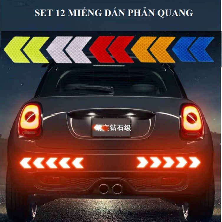 Set 12 Miếng Dán Phản Quang Cho Ô Tô hình mũi tên, Miếng dán cảnh báo an toàn cho xe hơi