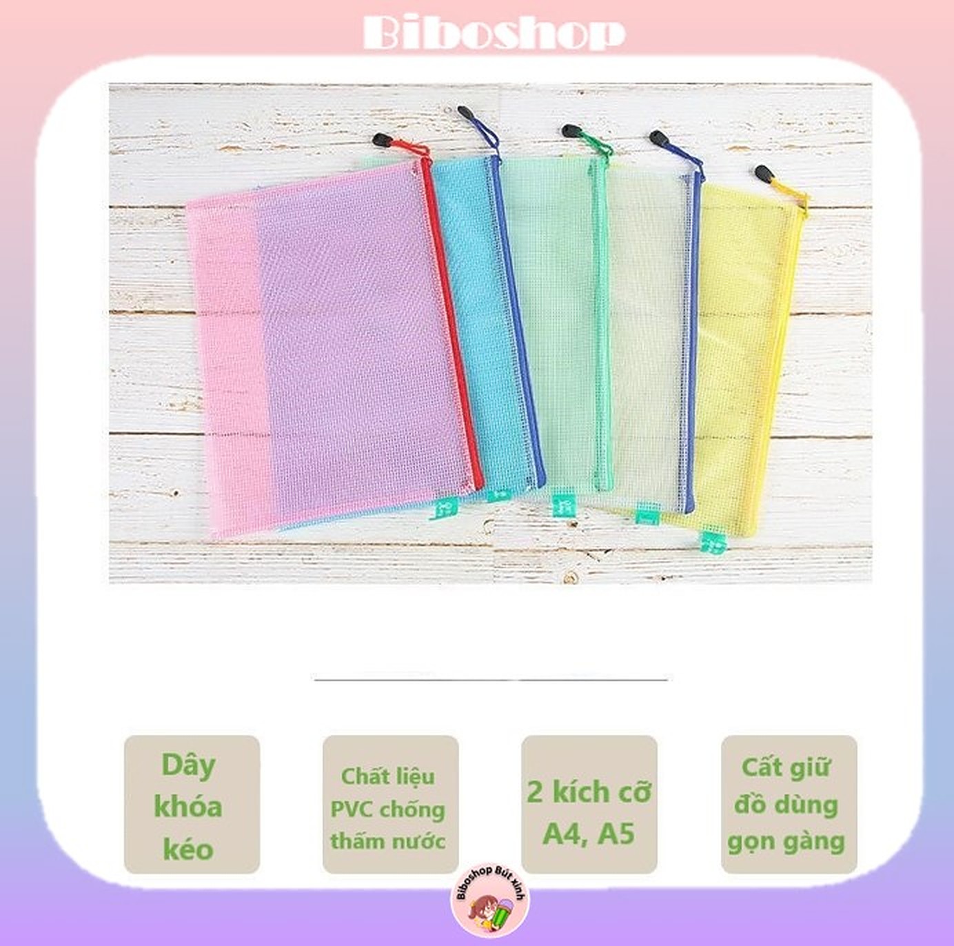 Túi lưới, túi đựng hồ sơ tài liệu A4, A5 dày trong suốt, túi dây kéo | Biboshop bút xinh