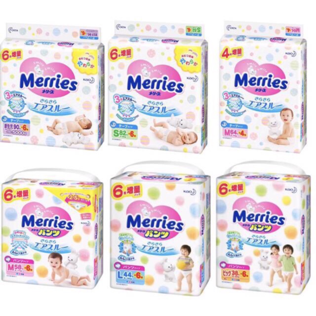 Tã dán/quần merries nội địa cộng miếng newborn 90+6 s82+6 m64+4 m58+6 l54+4