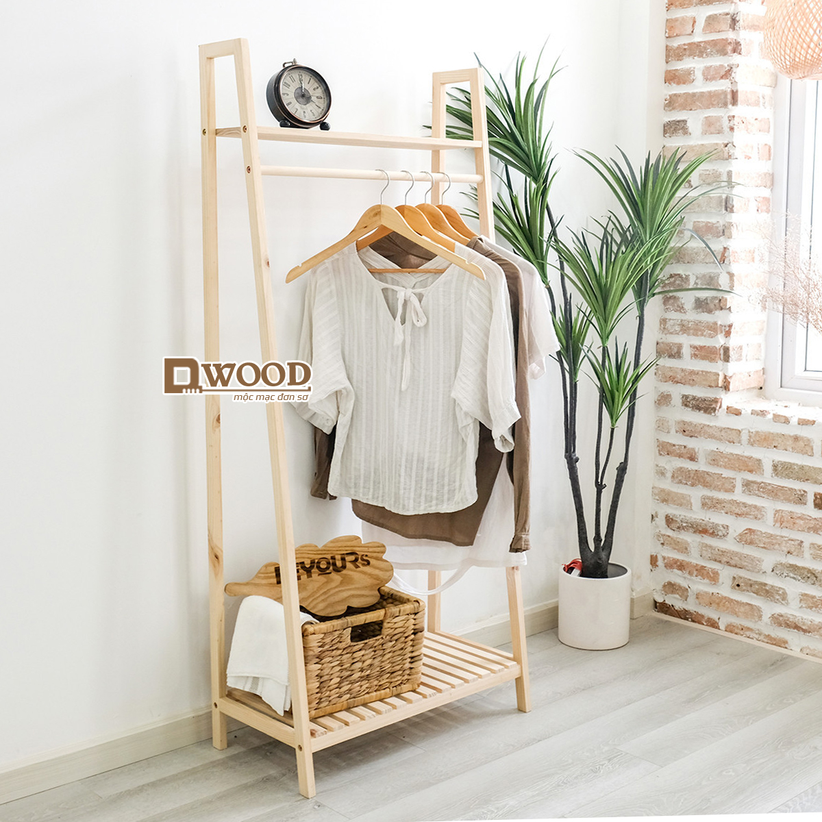 Kệ treo quần áo dwood hình thang 2 kệ đa năng kệ đựng đồ gỗ thông kiêm treo quần áo- shelf hanger