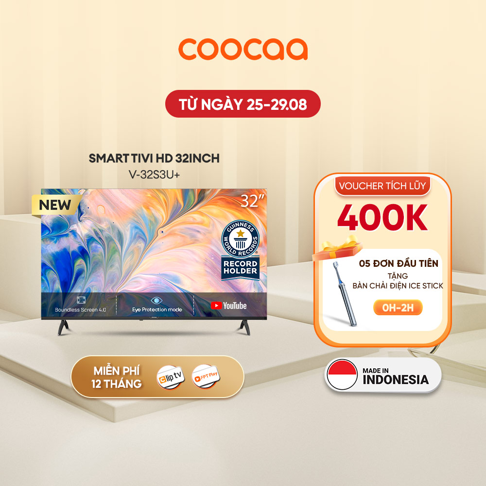 Tivi 32 inch Giá Rẻ SMART TV HD Coocaa 32 inch 32S3U+ HD - tivi giá rẻ - CC Cast, Dolby audio, Youtube, Hệ điều hành OS Coolita 3.0 - Tặng 1 Năm ClipTV, FPT 12 tháng gói family + 6 tháng VOD 4K