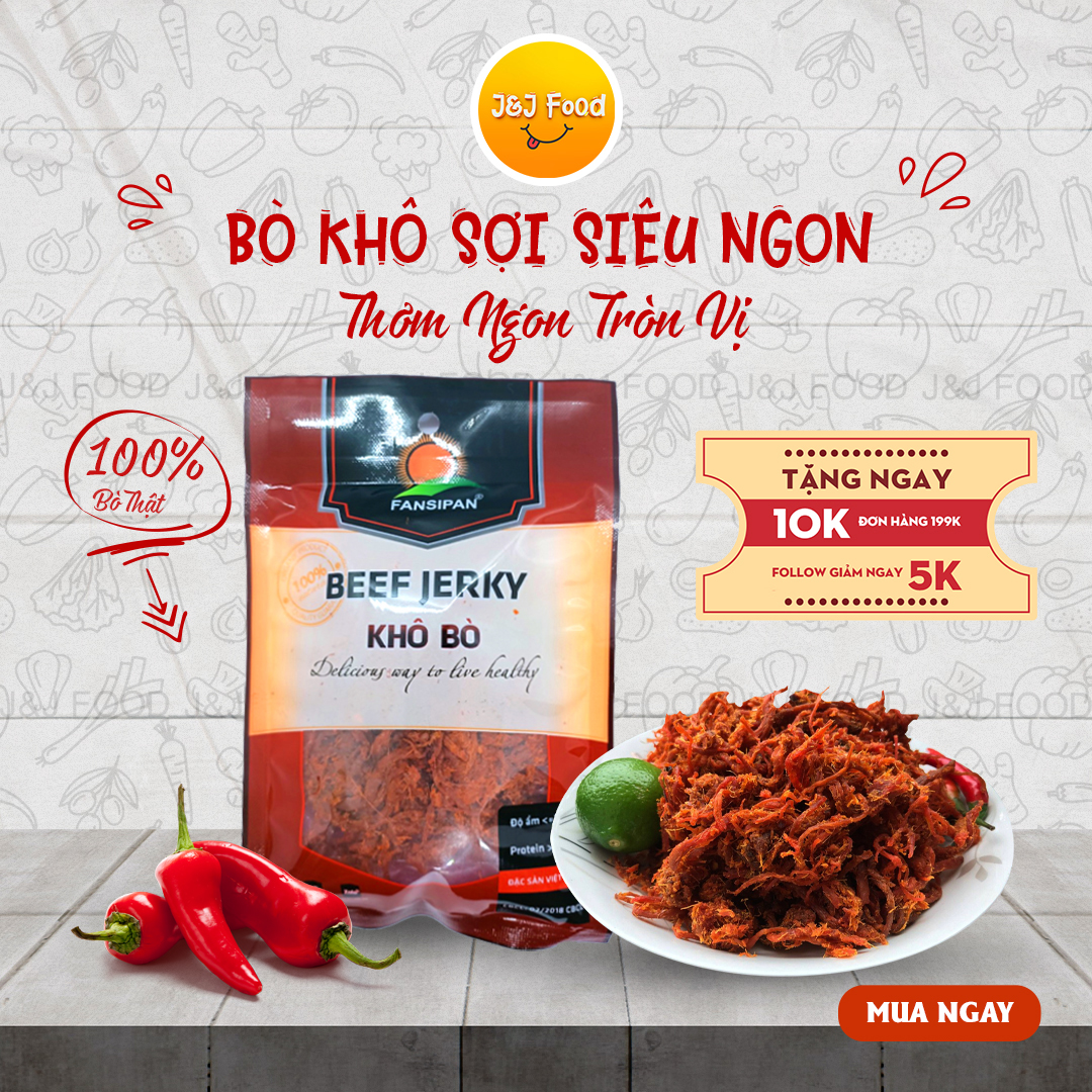 Bò khô sợi gói 50gram khô bò xé sợi siêu ngon dai đậm vị thương hiệu FANSIPAN đồ ăn vặt đạt chuẩn ATVSTP ,J&J FOOD
