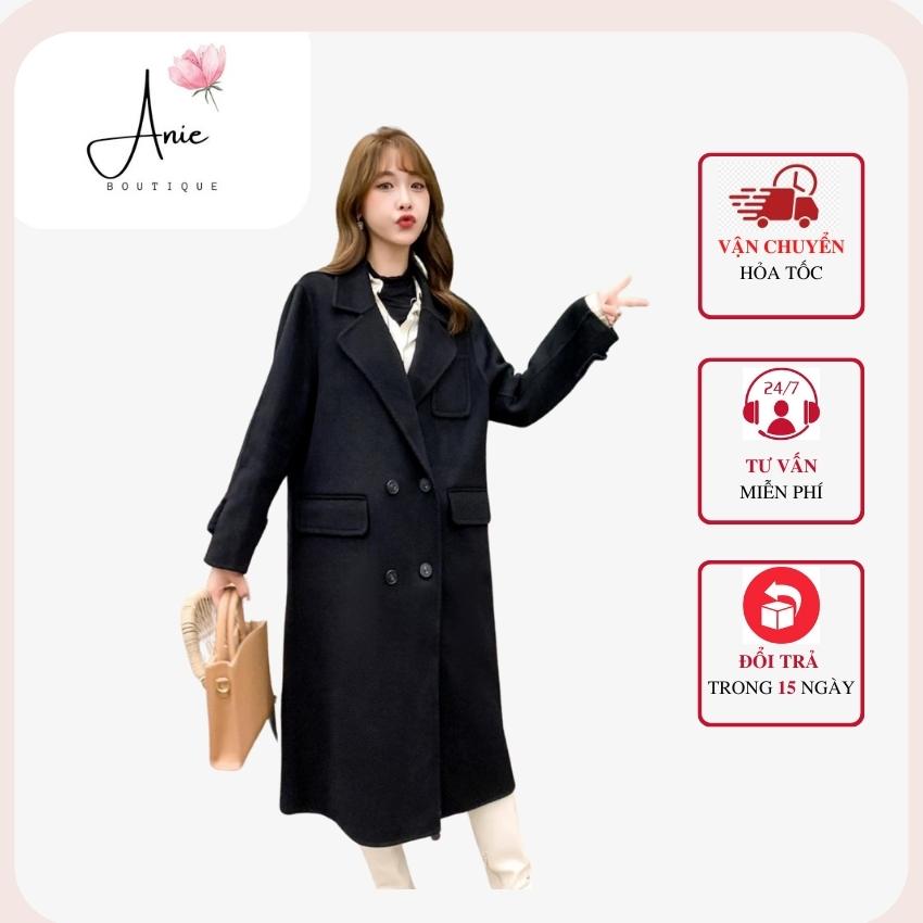 Áo măng tô dạ nữ dáng dài màu đen Anie freesize dưới 65kg