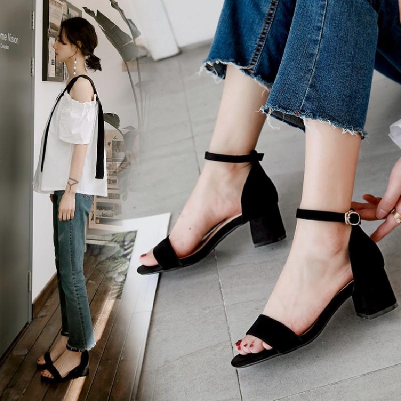 Dép Sandal cao gót 5 phân da lộn quai ngang đế vuông GCG02