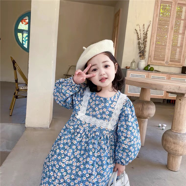 Đầm thu đông cho bé gái hml hoa nhí ren vuông, váy trẻ em thu đông 1,2,3,4,5,6,7,8,9,10 tuổi size đại mã a40