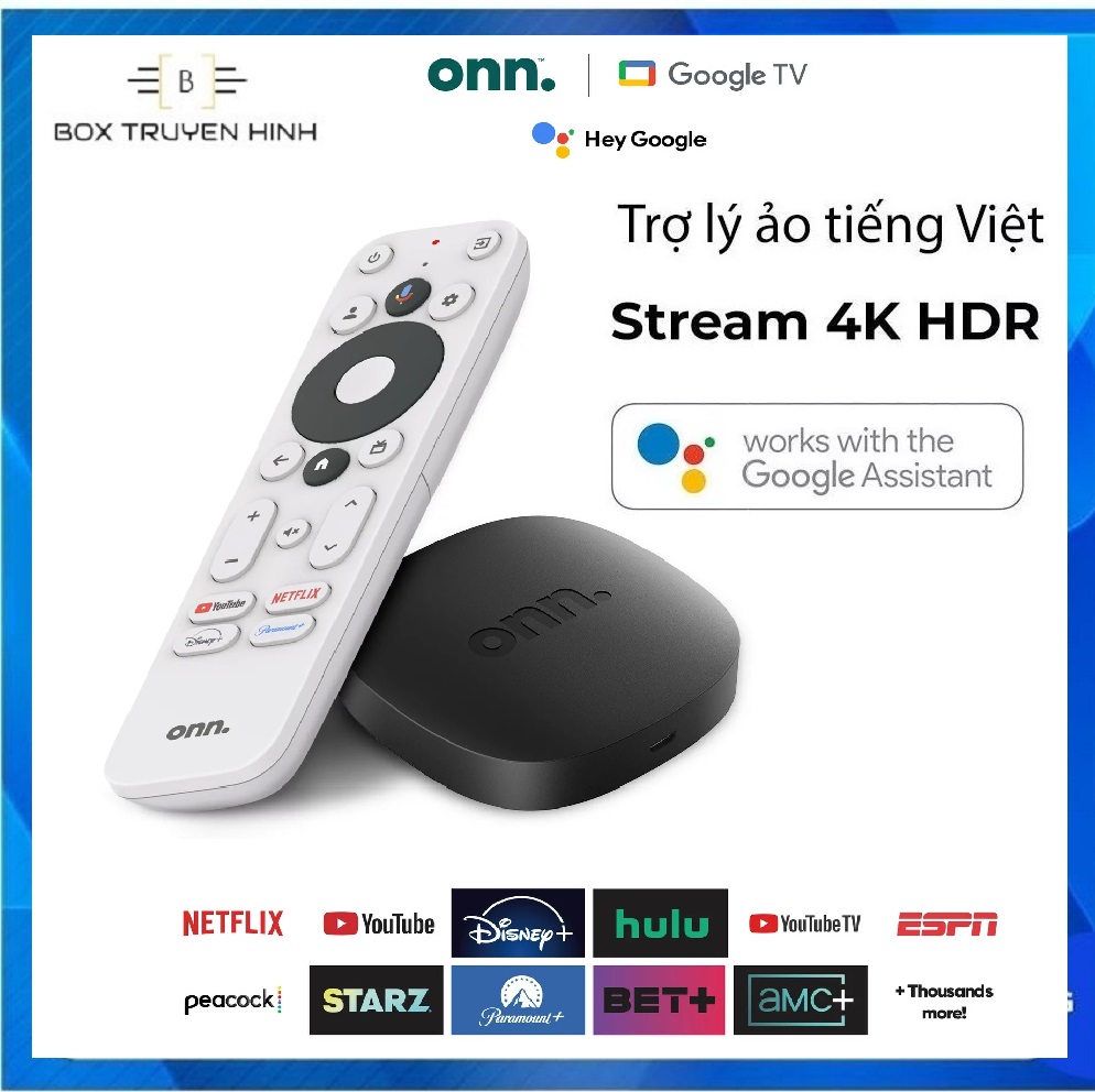 Onn. google tv 4k streaming box, ultra hd 4k, dolby audio, ra lệnh giọng nói tiếng việt, google ce, netflix 4k, google tv 12, remote voice theo box