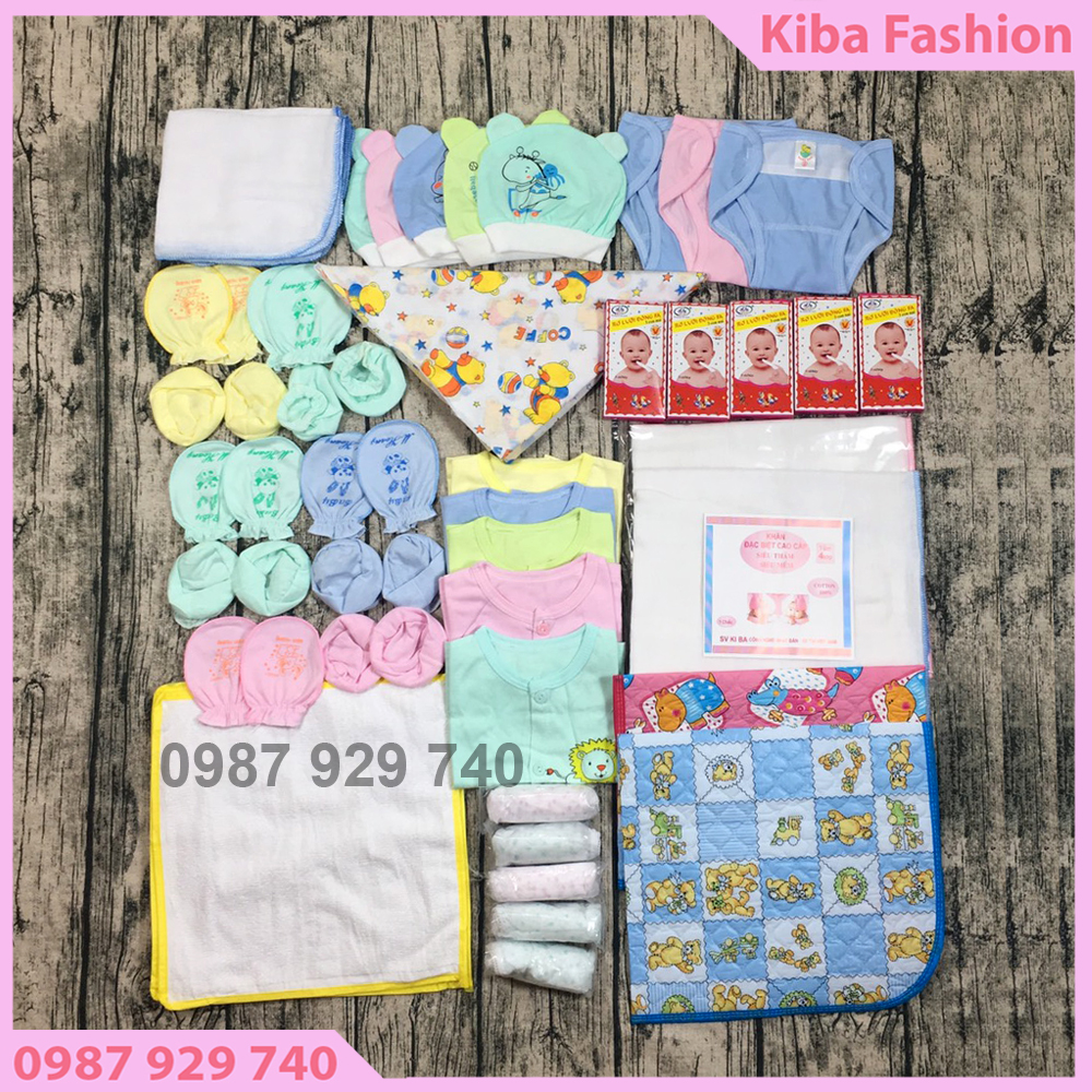 Combo 82 món đồ sơ sinh cho bé ( gồm 5 áo cộc + 2 chiếu đài loan+5 hộp rơ lưỡi +5 tá chéo + 5 quần lót sau sinh + 2 khăn tắm 4 lớp + 3 tá dán+ 10khăn sữa 2 lớp+ 10 tấm lót + 5 cặp bao tay+5 bao chân + 5 mũ,nón)