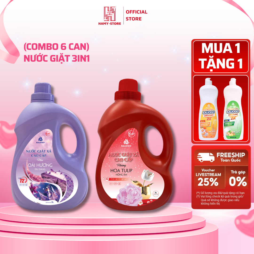 [COMBO 6 CAN] Nước giặt Xả Cao Cấp Baliogo 3in1 Dịu Nhẹ, An Toàn Cho Da, Làm Sạch Vết Bẩn, Lưu Hương 72h
