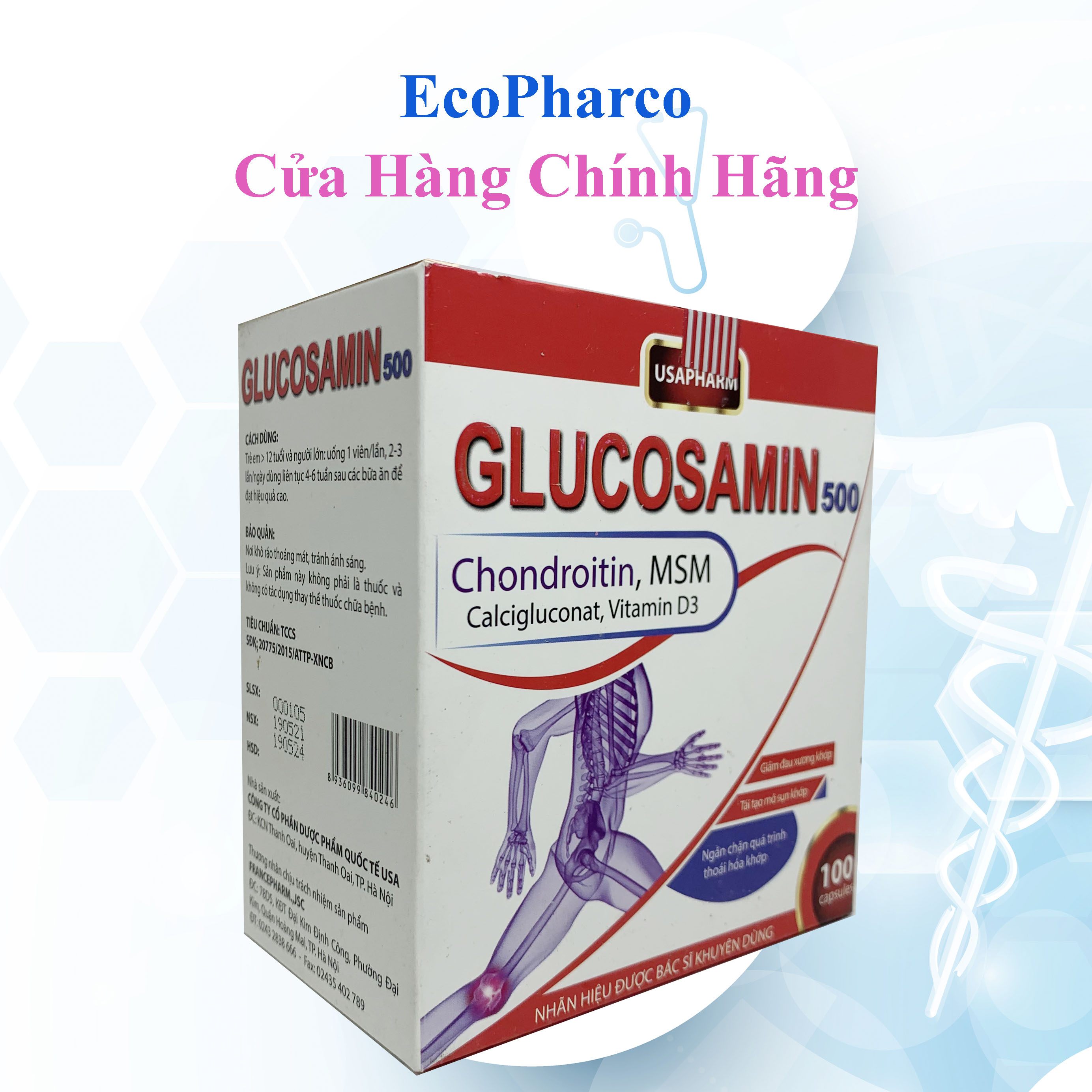 Glucosamin 500 - hỗ trợ tăng tiết dịch khớp chính hãng hiệu quả cam kết như hình hộp 100 viên