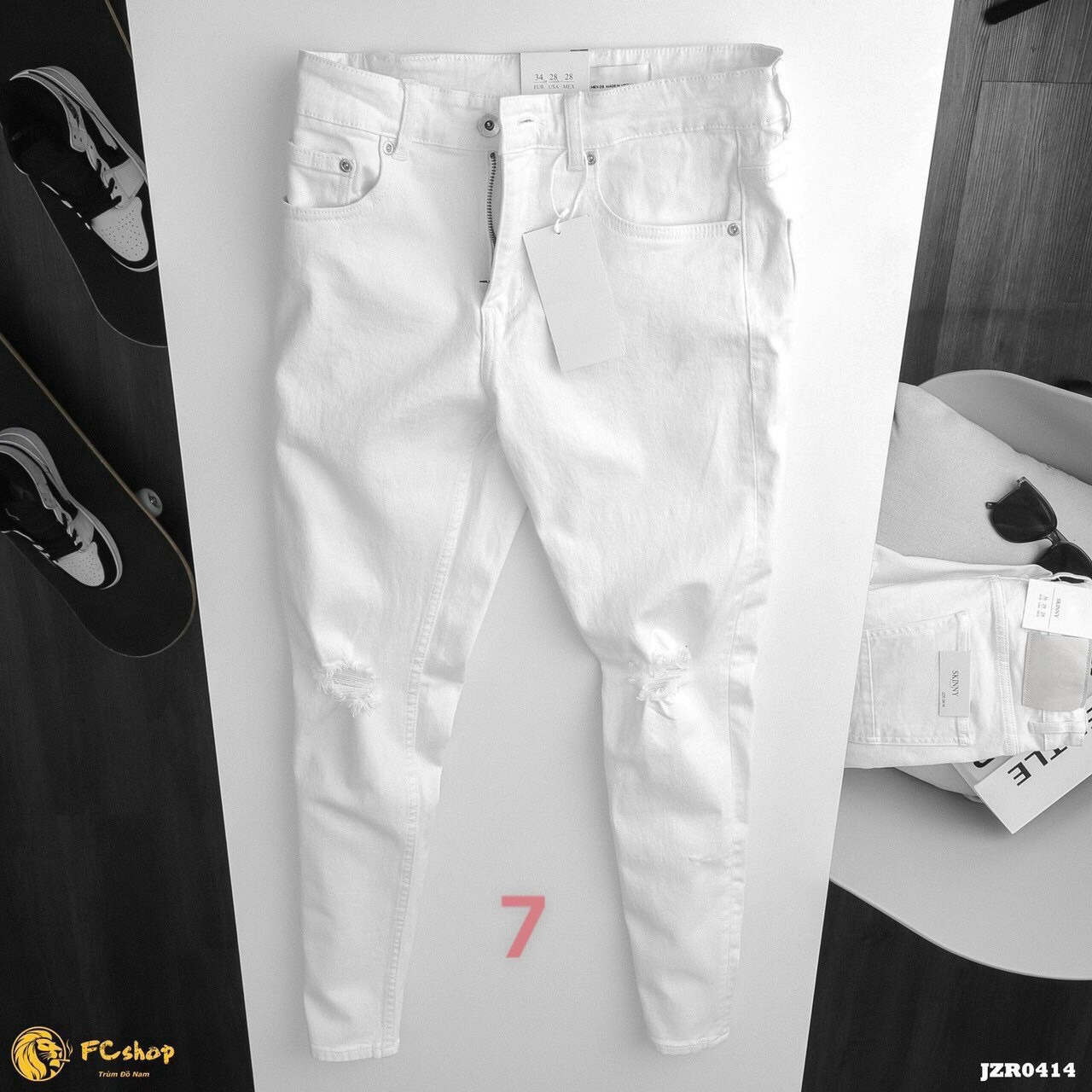 Quần bò nam ống rộng , ống suông, màu trắng, rách gối đẹp - Quần bò nam đẹp 2021 HUMANFASHION QJNA7