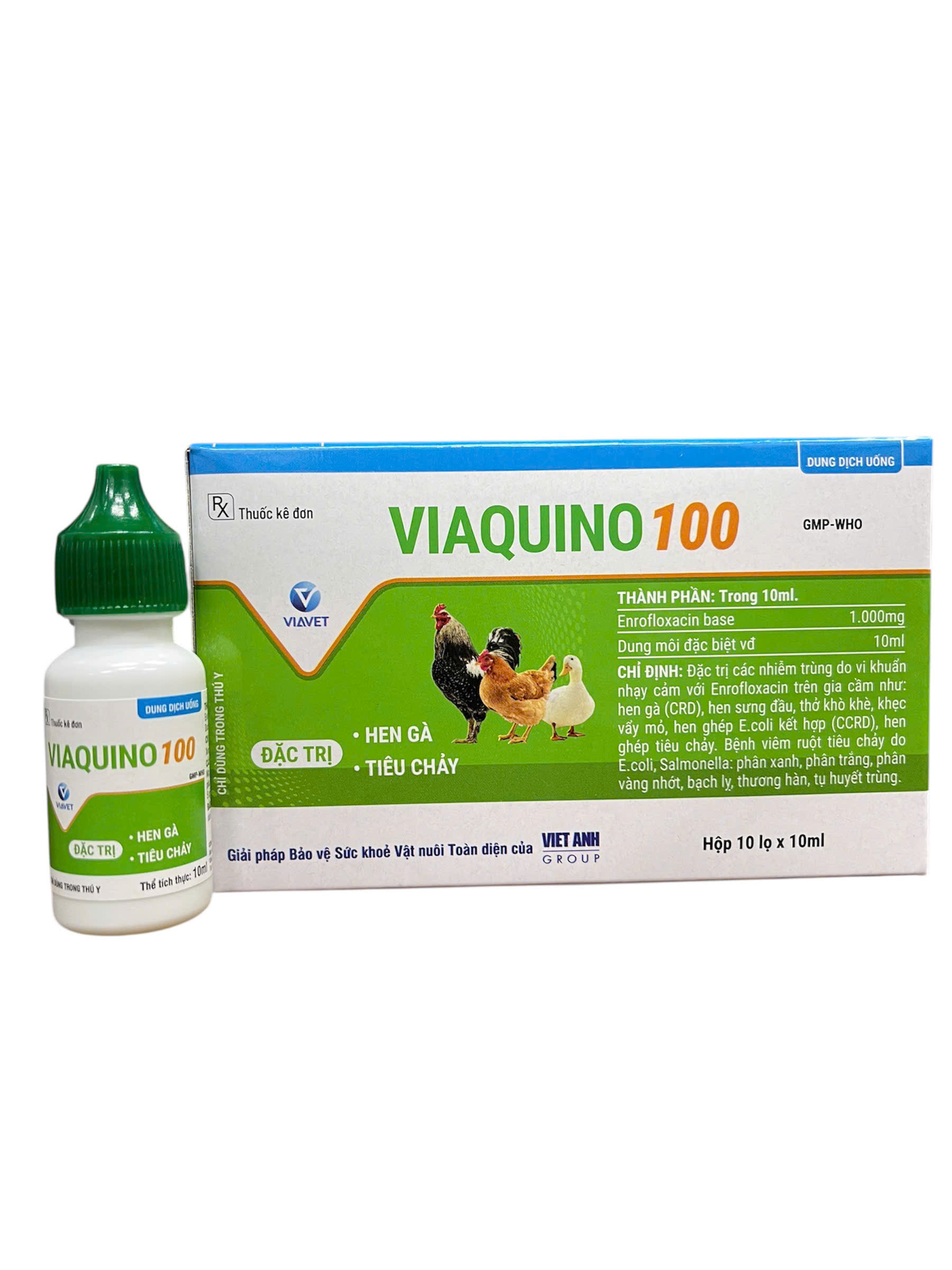 Box of 10 Bottles of Viaquino 100 Prevents Asthma and Diarrhea in Chickens and Ducks