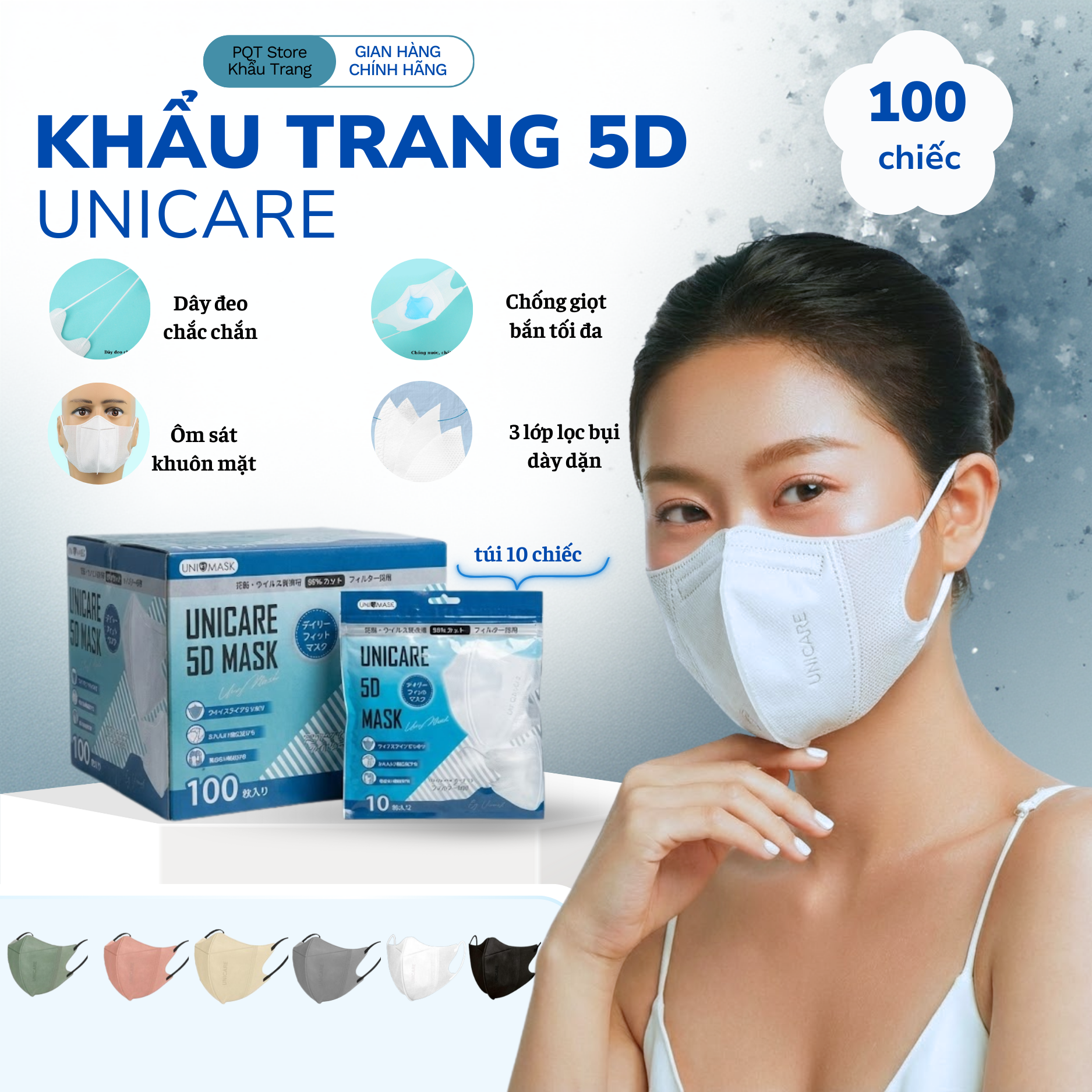 GIÁ SỐC Thùng 100 Khẩu Trang 5D UNICARE Quai Mềm Không Đau Tai - Kháng Khuẩn Chống Bụi Mịn & Tia UV