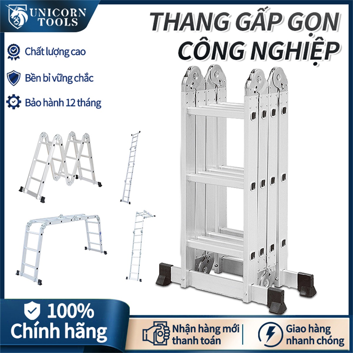 Thang nhôm gấp, thang nhôm gấp gọn đa năng 3,7m 4 đoạn hình chữ M, sử dụng trong nhiều trường hợp