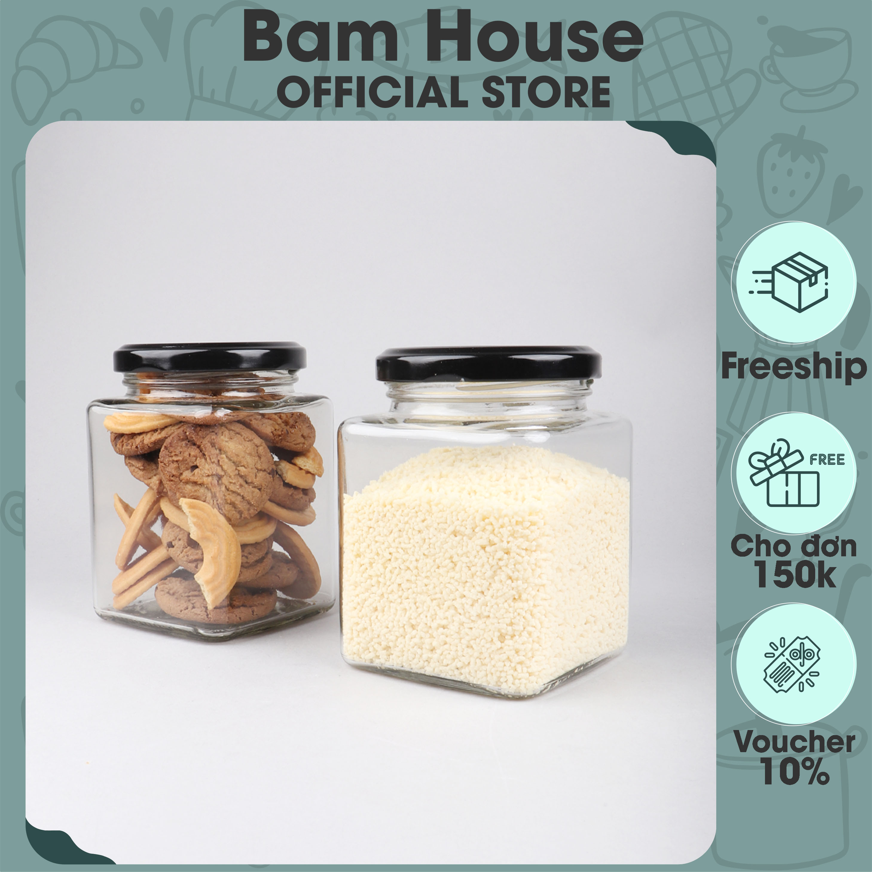 Hủ thuỷ tinh vuông 450ml Bam House có nắp nhôm giúp bảo quản gia vị và thực phẩm tốt cao cấp HV01 - Gia dụng bếp