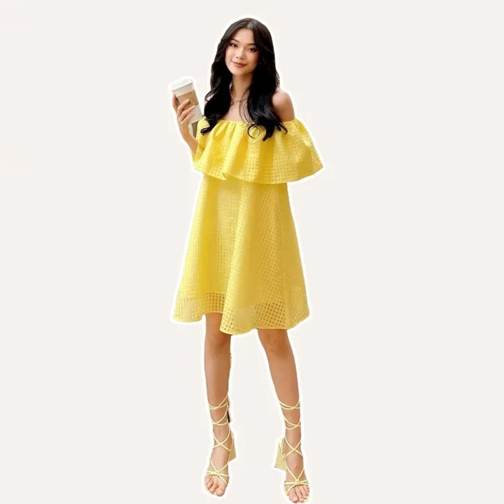 Đầm babydoll trễ vai dáng suông, form big size caro Linly Store V-BBO
