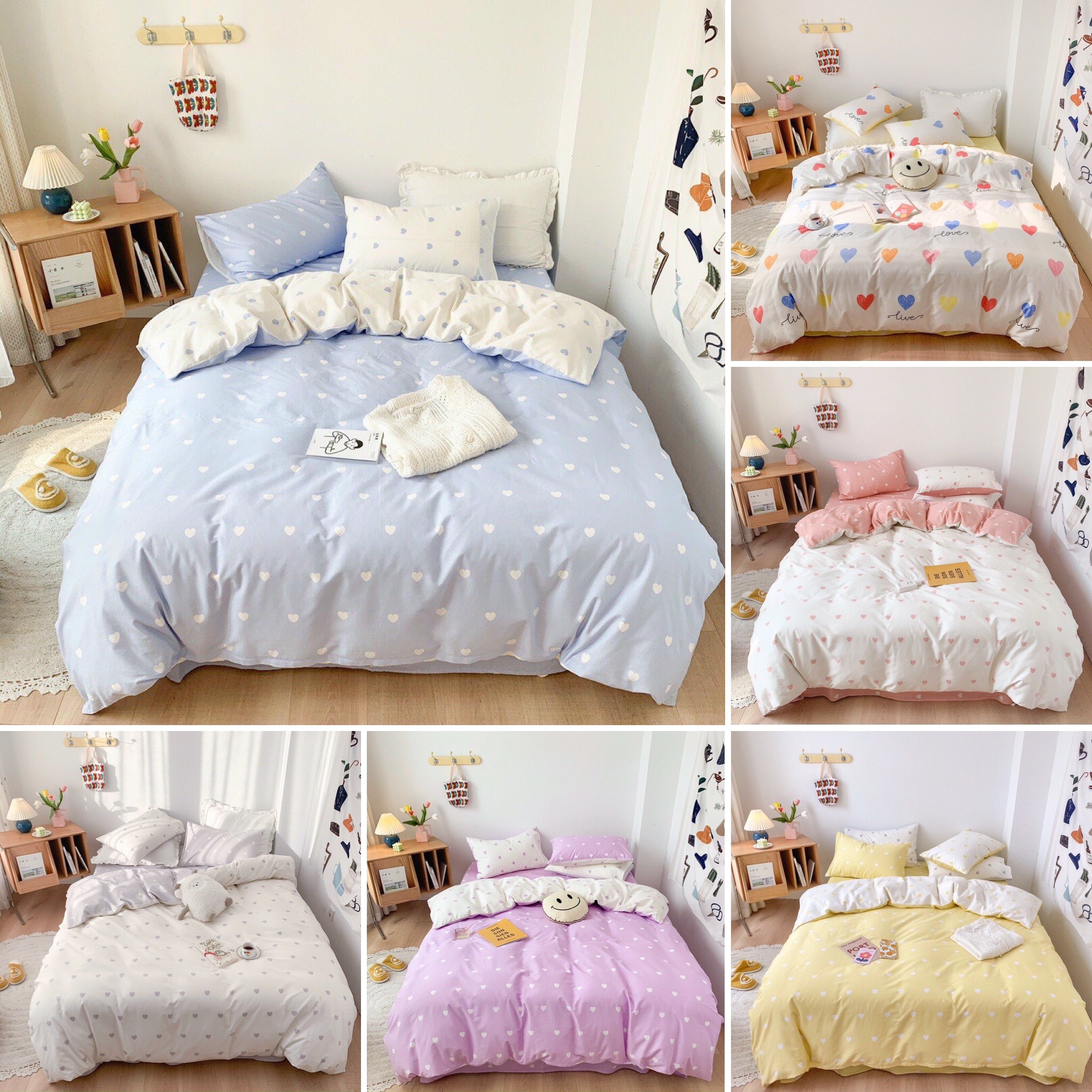 Bộ chăn ga họa tiết trái tim cho nàng Cotton Poly nhập khẩu - chăn ga Hàn Quốc