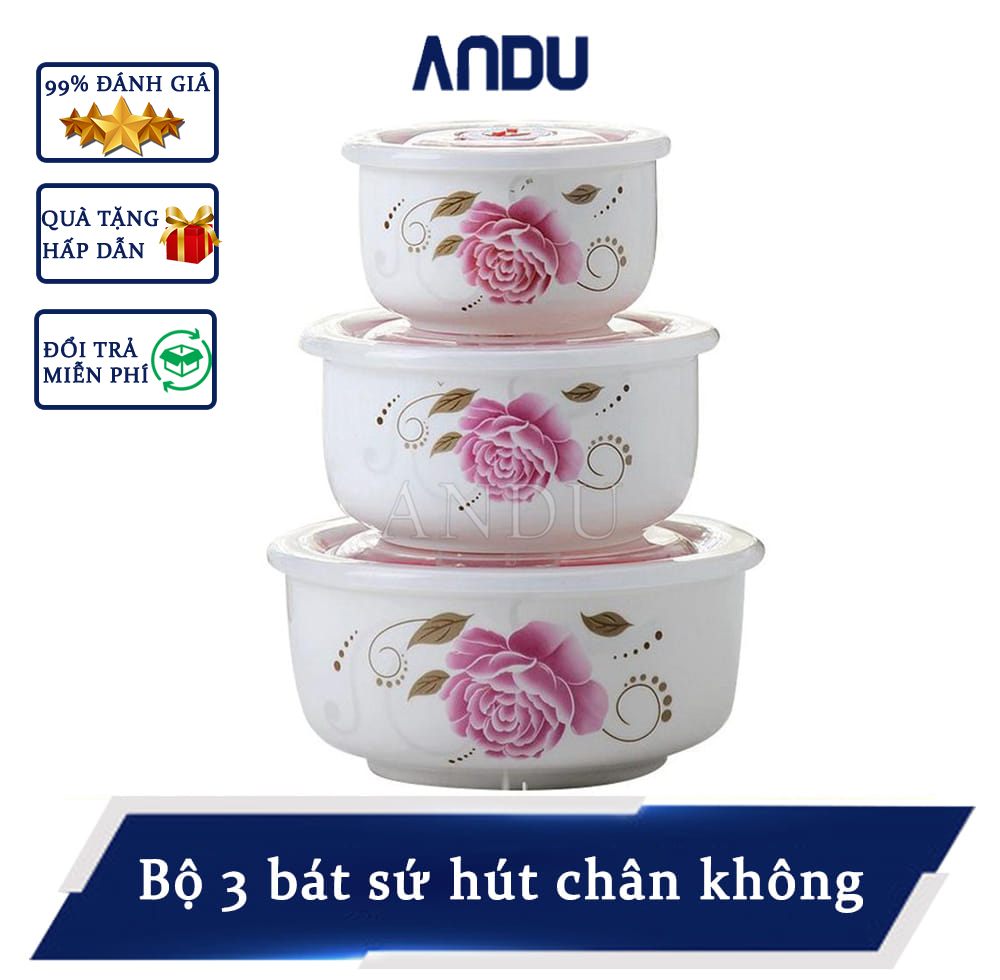 Bộ 3 bát sứ có nắp đậy hút chân không cao cấp