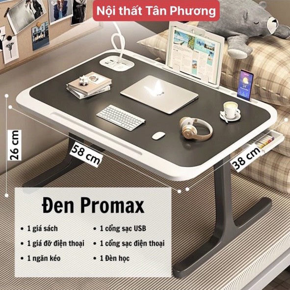Bàn học gấp gọn thông minh có khe cắm ipap kèm 4 công USB đa năng, bàn laptop nâng hạ gấp gọn ngồi bệt có giá sách - nội thất Tân Phương