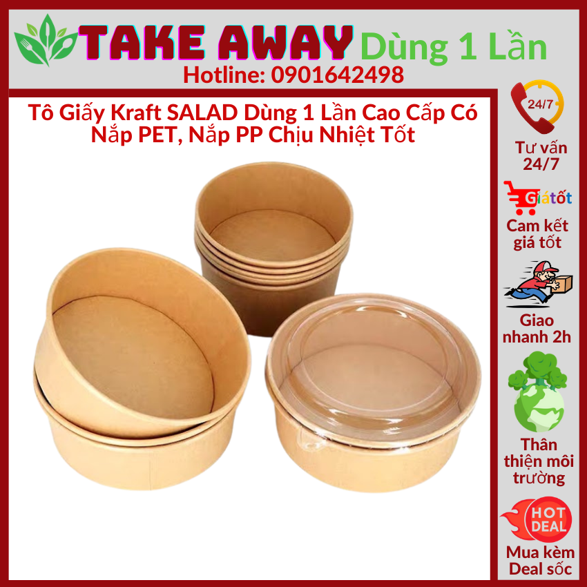 [Freeship+Giảm giá 5K] 50 Tô Giấy Kraft Nâu Đựng Thức Ăn Salad Bánh Bông Lan Bánh Bơ Tỏi Có Nắp PP, Nắp PET Chịu Nhiệt Cao Cấp Nhiều Kích Cỡ-Takeawaydùng1lần