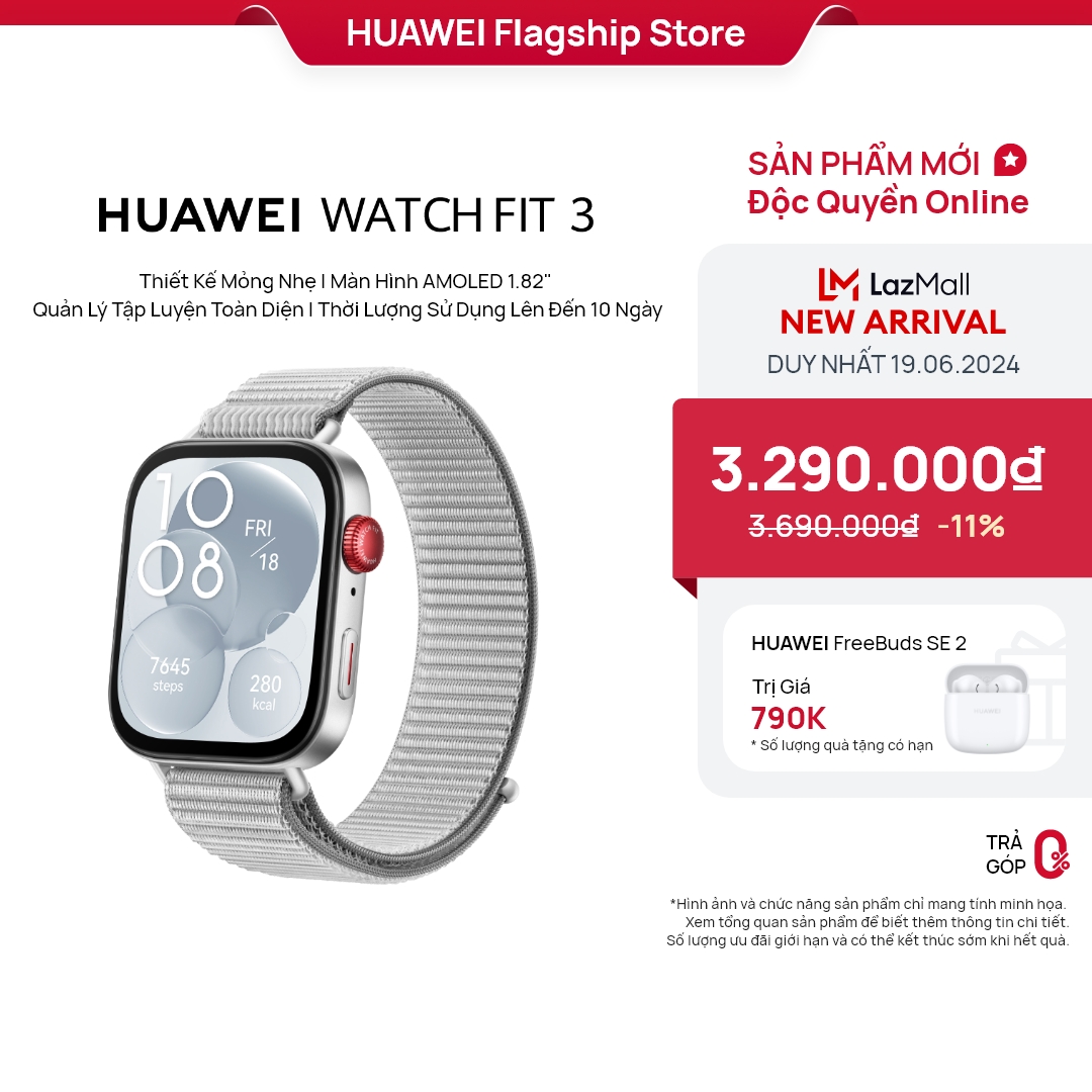 Đồng Hồ Thông Minh HUAWEI WATCH FIT 3 NFC Xám (Dây Nylon) | Thiết Kế Mỏng Nhẹ | Màn Hình AMOLED 1.82" | Quản Lý Tập Luyện Toàn Diện