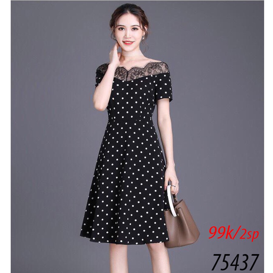 Váy chấm bi đen vải voan lụa 2 lớp phối ren