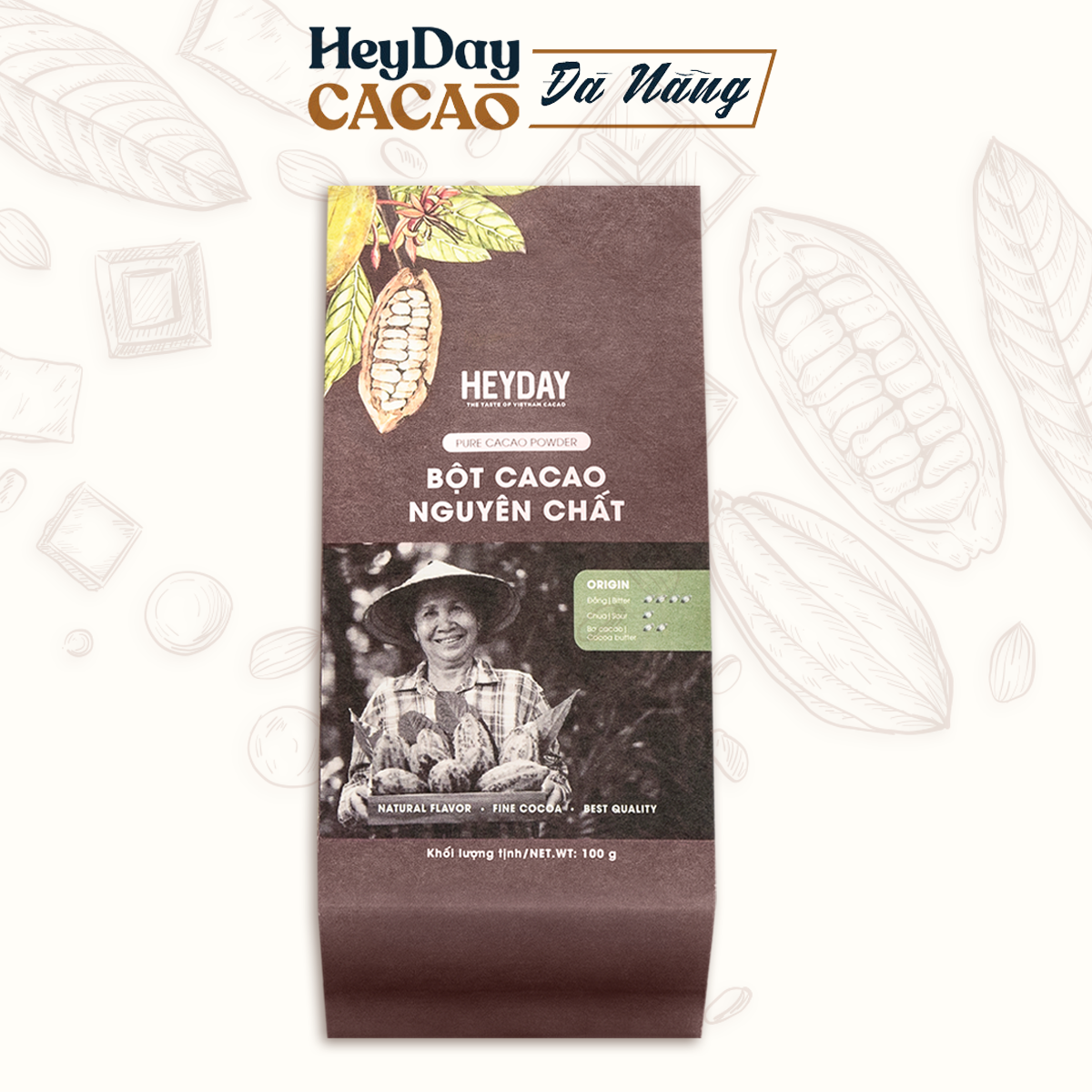 Bột cacao nguyên chất 100% Heyday - Dòng Origin thượng hạng 18% bơ cacao tự nhiên - Túi 100g - Phù hợp chế độ ăn kiêng KETO, Low-Carb, DAS - Không đường, không phụ gia, không hương liệu - Chuẩn UTZ Quốc Tế