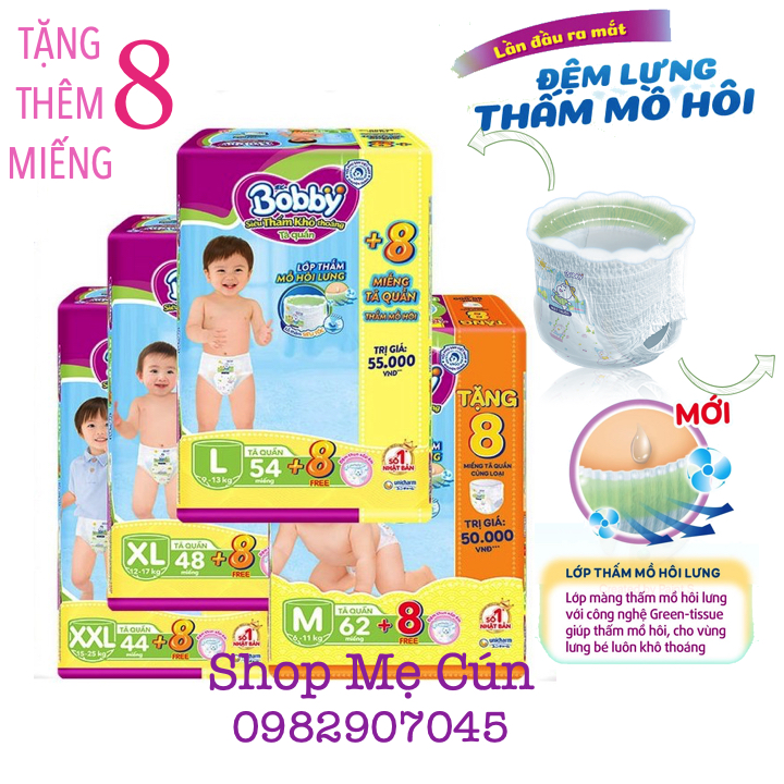 (Tặng thêm 8 miếng tã quần) Tã quần Bobby M62/L54/XL48/XXL44 Đệm lưng thấm mồ hôi