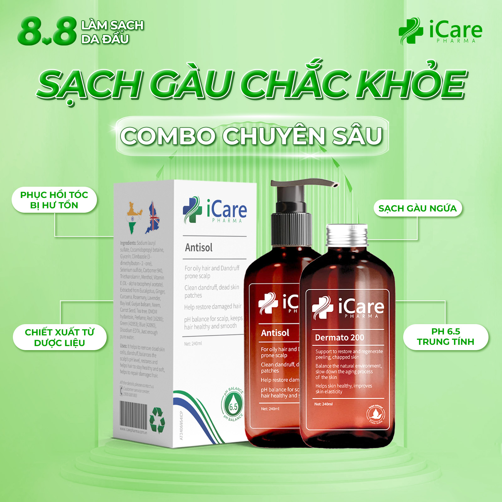 Combo Chống Rụng Tóc, Gàu, Nấm Da Đầu, Phục Hồi Tóc Hư Tổn - Bộ Đôi Chăm Sóc Hoàn Hảo Dermato 200 & Dầu Gội Sạch Gàu Antisol