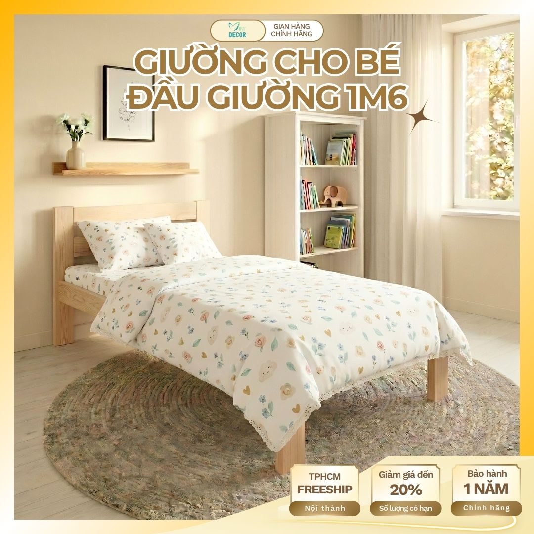 Giường Ngủ Cho Bé 1m6 Gỗ Thông Tự Nhiên Có Đầu Giường, Giường Lắp Ráp Vững Chắc An Toàn