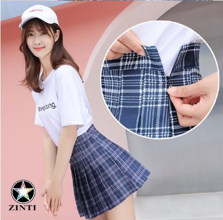 Chân váy tennis xếp ly caro có lót trong Zinti màu xanh đậm kẻ trắng