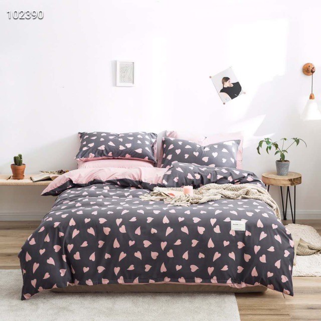 Bộ 4 Món Chăn Ga Gối Cotton Hoạt Tính Tim Hồng Nâu