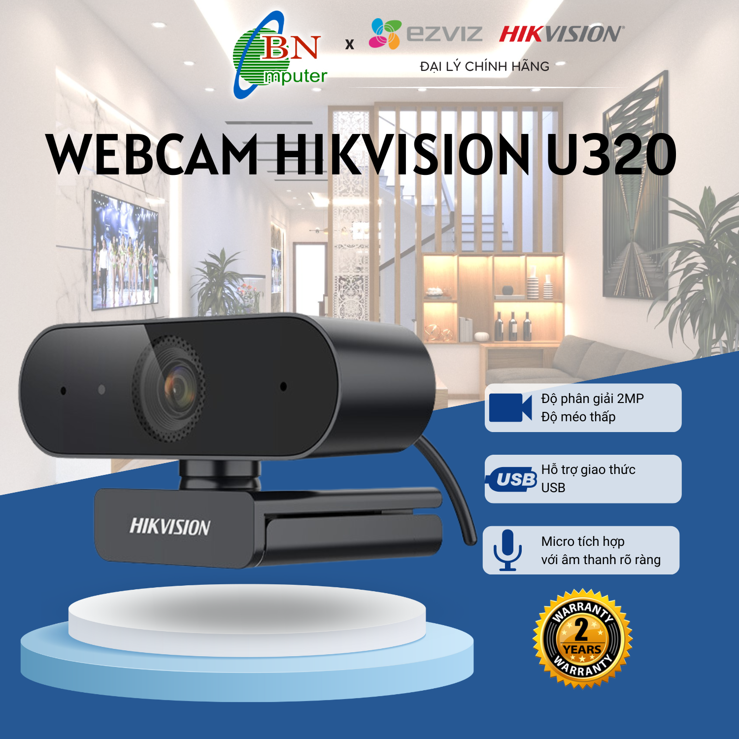 Webcam Hikvision U320 1080P cho máy tính chính hãng cực nét, hỗ trợ dạy và học trực tuyến cắm cổng usb kèm mic hàng chính hàng bảo hành 24 tháng