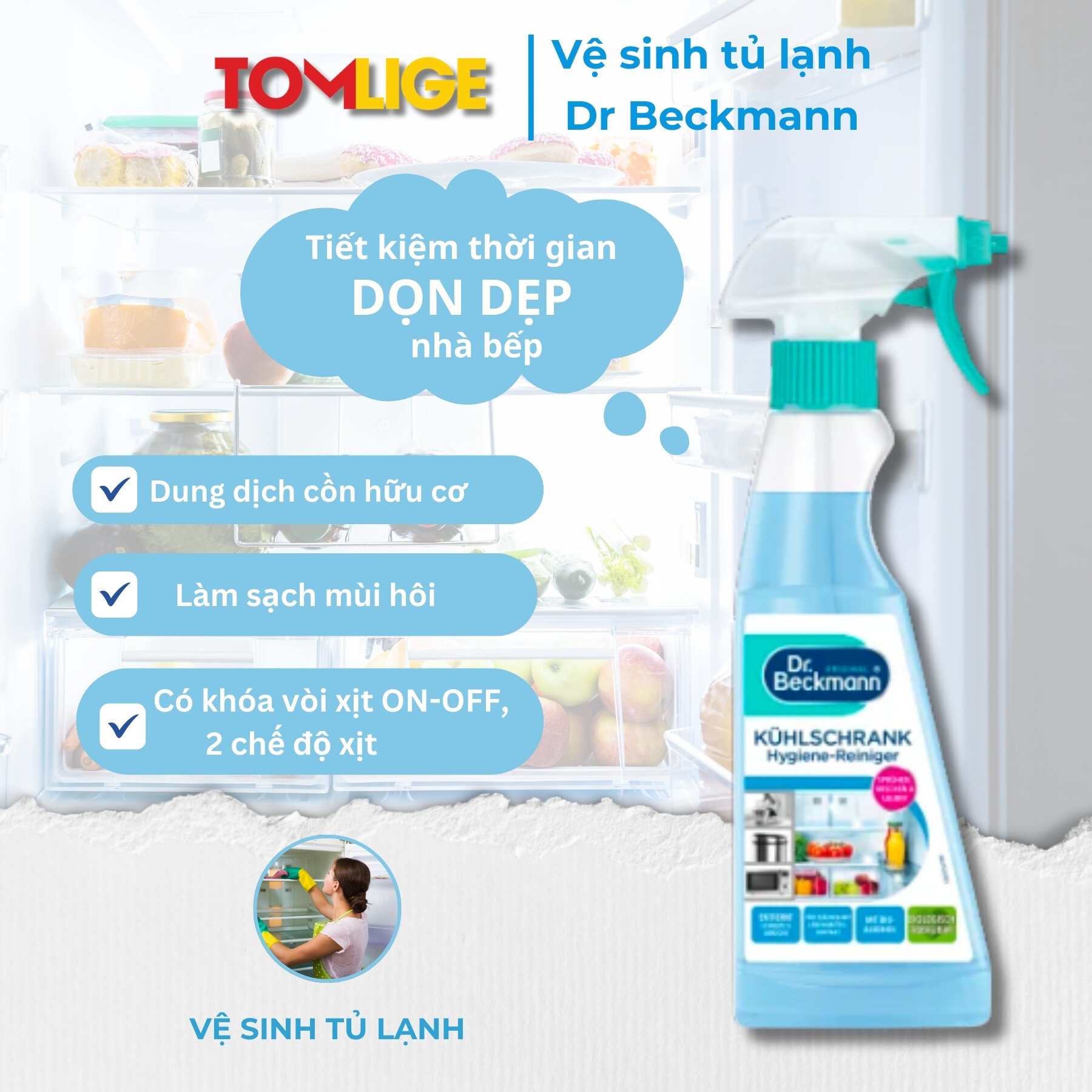 Xịt Vệ Sinh Tủ Lạnh Cồn Hữu Cơ Dr.beckmann, An Toàn Cho Khu Vực Lưu Trữ Đồ Ăn, Loại Bỏ Mùi Hôi Và Khuẩn Tủ Lạnh Tomlige