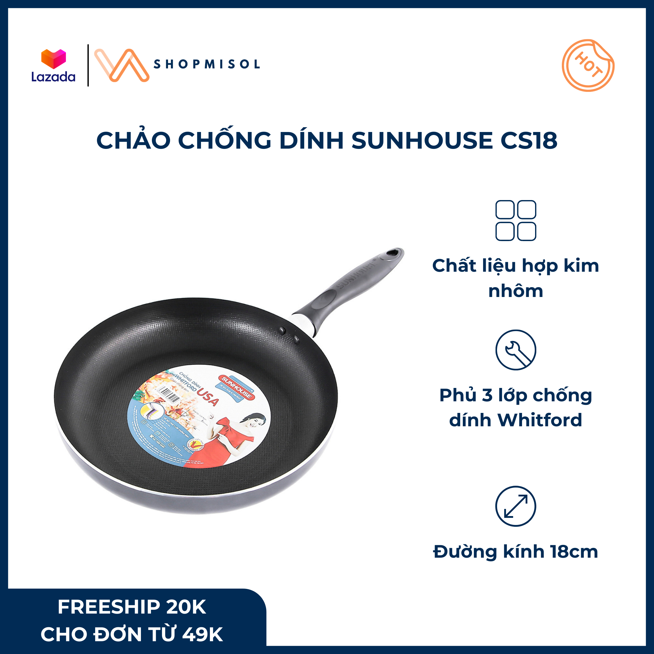 Chảo chống dính, chảo chống dính cao cấp, chảo chống dính SUNHOUSE CS18 - Kích thước 18cm, màu đen, chất liệu hợp kim nhôm, chiên được 2 trứng ốp la, tiện lợi cho 1 - 2 người dùng
